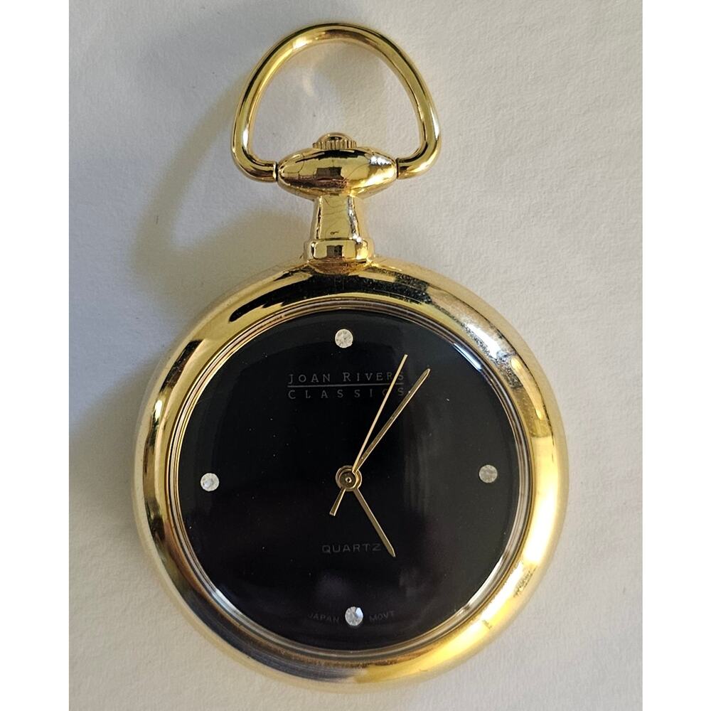 Vintage JOAN RIVERS Classic Gold Tone Black Pendant Pocket WATCH - Picture 2 of 8